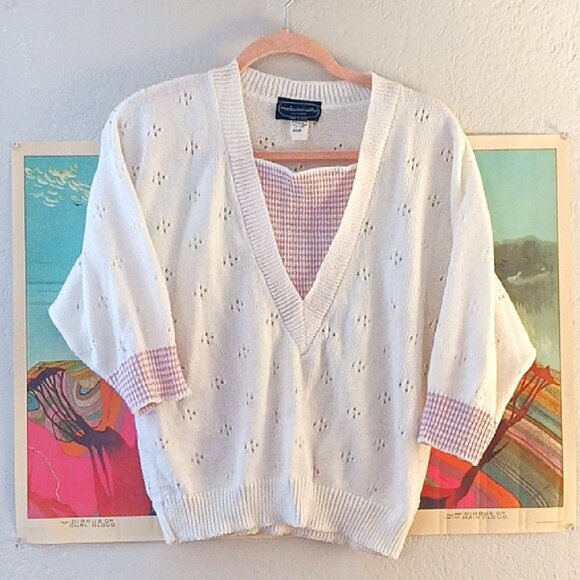 Vintage 80's Mademoiselle White & Pink Knit Sweater Size Medium - Picture 1 of 5
